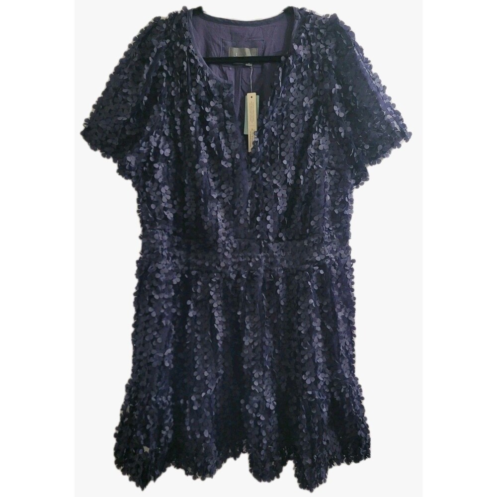 NWT Anthropologie Somerset Mini Dress Floral Applique Navy 2X Plus 3D Flowers